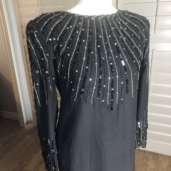 Vtg 80s Oleg Cassini Black Silk Beaded Cocktail Dress 8 Modest Holiday - Picture 6 of 12